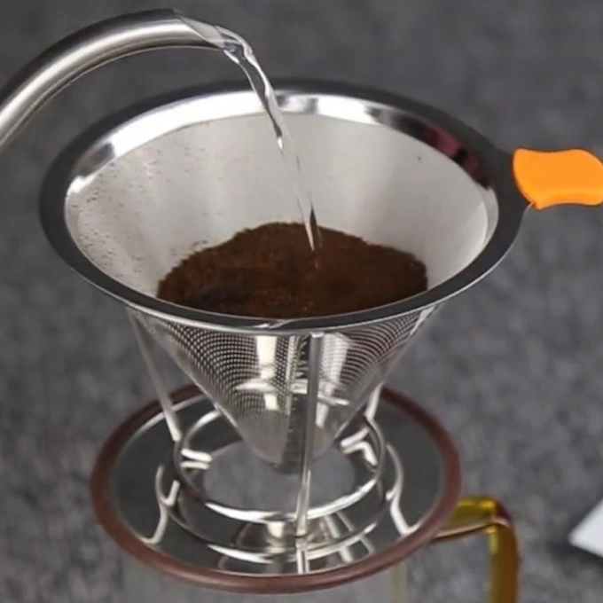 Manual Reusable Paperless Stainless Steel Double Mesh Cone Pour Over Coffee Maker